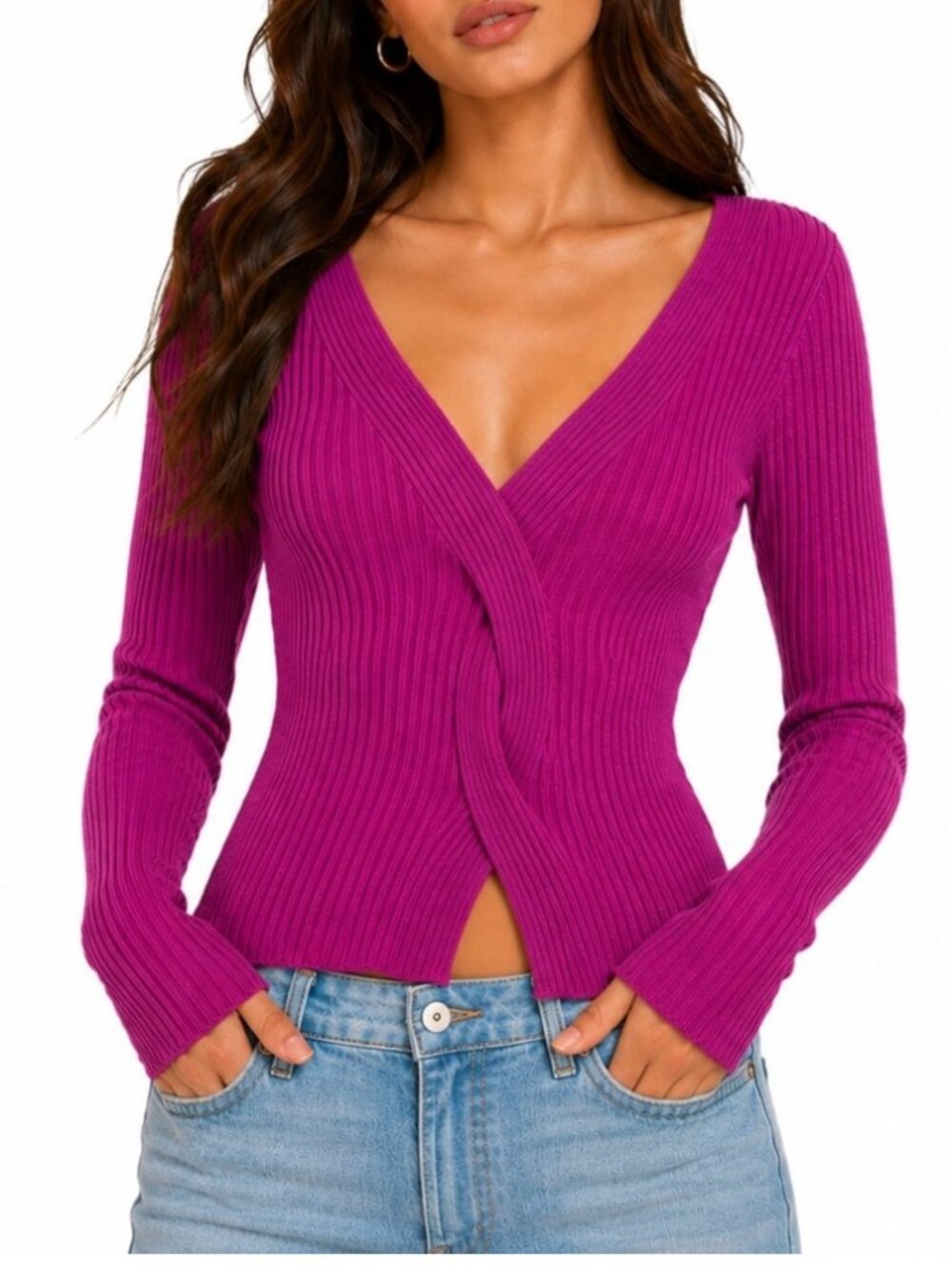 Lulus Sweater Womens S Magenta Rib Knit Pullover Coquette Y2K Date Brunch Club